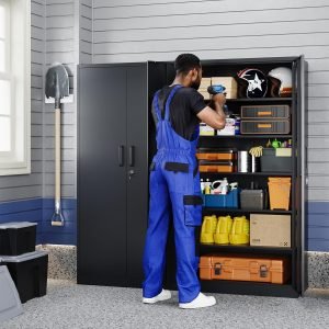 Yizosh Metal Garage Storage Cabinet with 2 Doors and 5 Adjustable Shelves – 71″ Steel Lockable File Cabinet,Locking Tool Cabinets for Office,Home,Garage,Gym,School (Black)