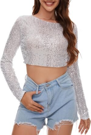 Sequin Crop Top Long Sleeve Sequin Top Sparkle Crop Top for Disco Rave Concert Party