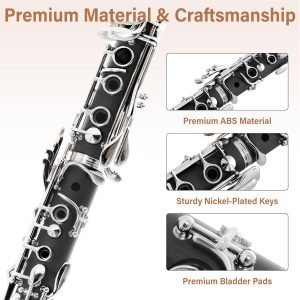 Mendini By Cecilio B Flat Clarinet for Beginner, Ebonite Bb Clarinet with 10 Reeds, Mouthpiece, Cork Grease, Gloves, Cleaning Cloth, Hard Case, Pocketbook, Stand (Black)
