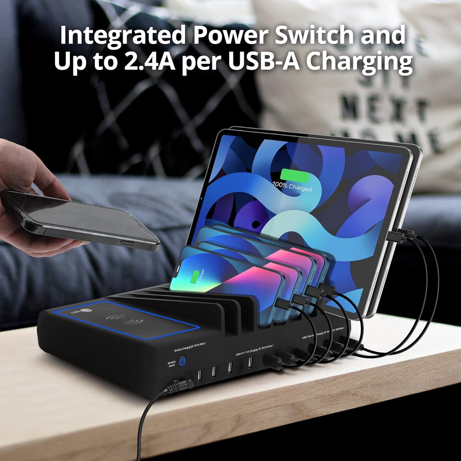 SIIG 10 Port 150W USB Charging Station with Qi Wireless Charging Deck, 6X USB-A and 4X USB-C Charging Ports, Vertical Device Organizer, Compatible with iPhones, iPads and More (AC-PW1R11-S1) - Image 5