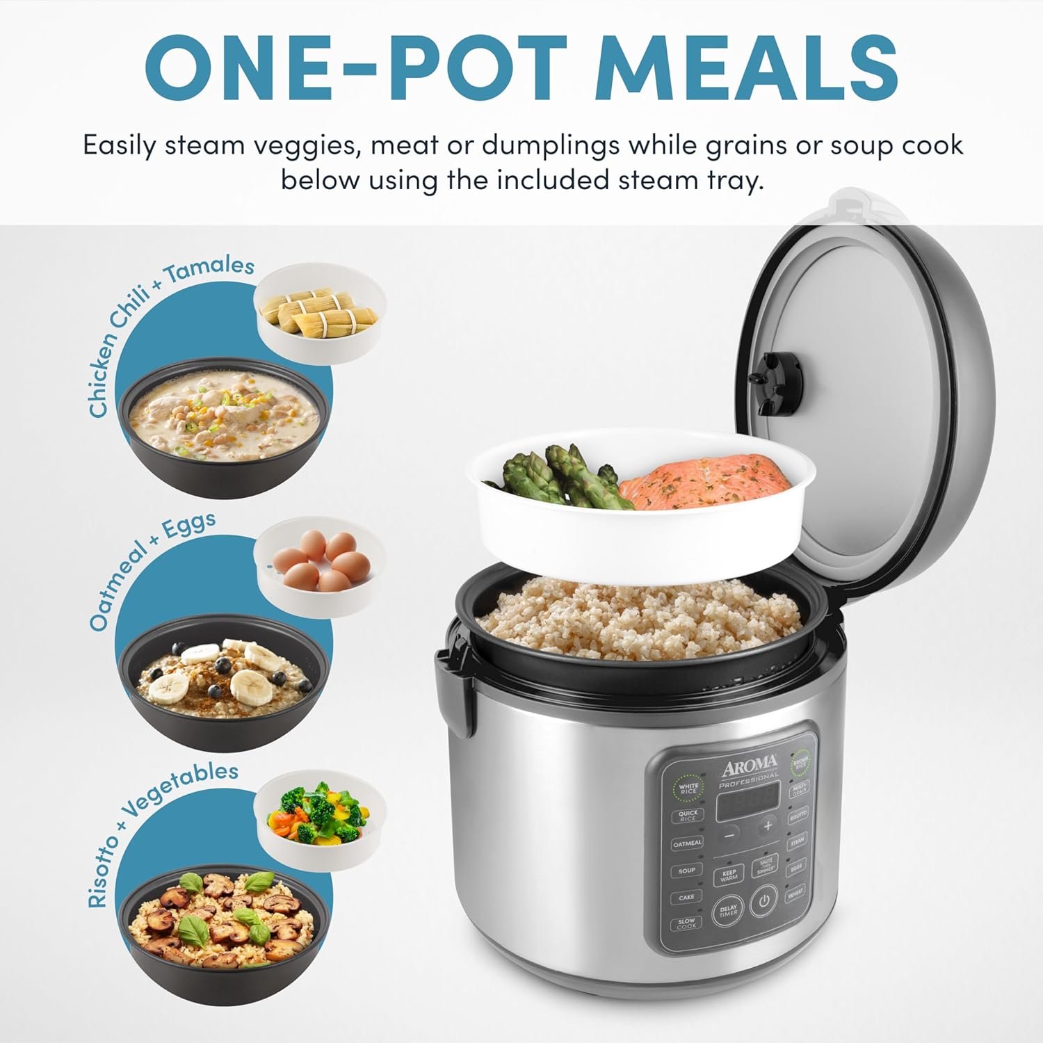 AROMA Professional Digital Rice Cooker, 10-Cup (Uncooked) / 20-Cup (Cooked), Multicooker, Slow Cooker, Steamer, Oatmeal Cooker, Egg Cooker, STS, 5 Qt, Gray, ARC-5200SG - Image 6