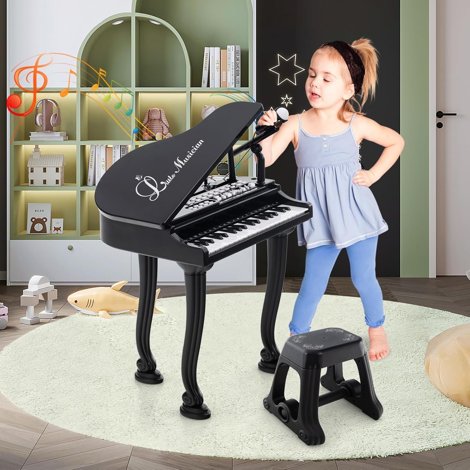 HONEY JOY Classical Kids Mini Grand Piano w/ Music Stand & Stool, Portable Electronic Piano Educational Musical Instrument Toy w/ Microphone, Lights, Gift for Kids (Black, 37 Keys) - Image 9