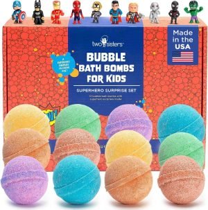 Superhero Boys Bath Bombs with Surprise Hero Toys Inside (12 Pack) – Large Bubble Bomb, Fruity Scents, Relaxing Aromas – Ideal Birthday Gift for Kids by Two Sisters