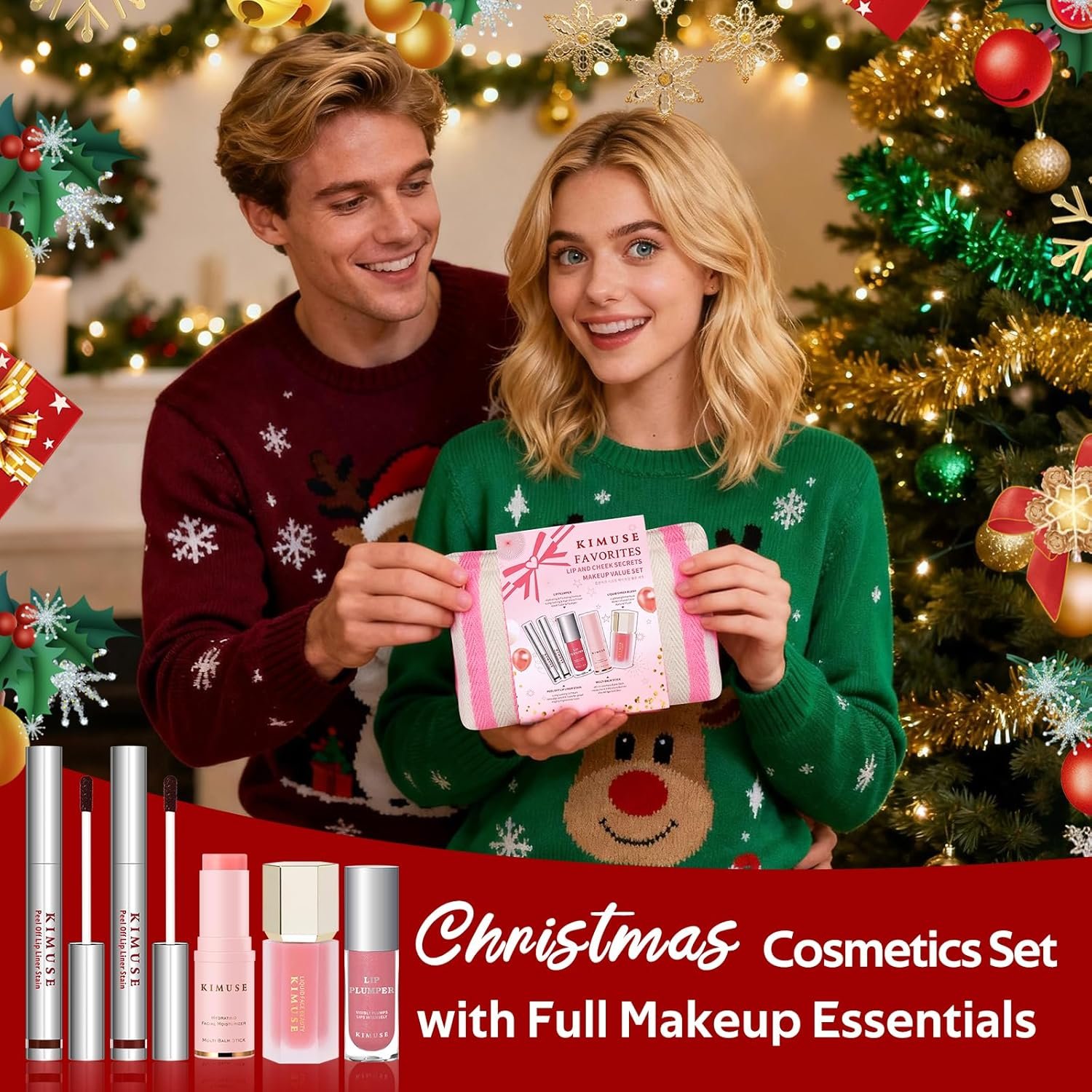 KIMUSE All in One Makeup Kit for Women, Girls, Teens with Makeup Bag, 4 Pcs Makeup Gifts Set Includes Lip Stain,Lip Plumper,Liquid Blush,Multi Balm Stick, Christmas Make Up Collection, Holiday Present - Image 2