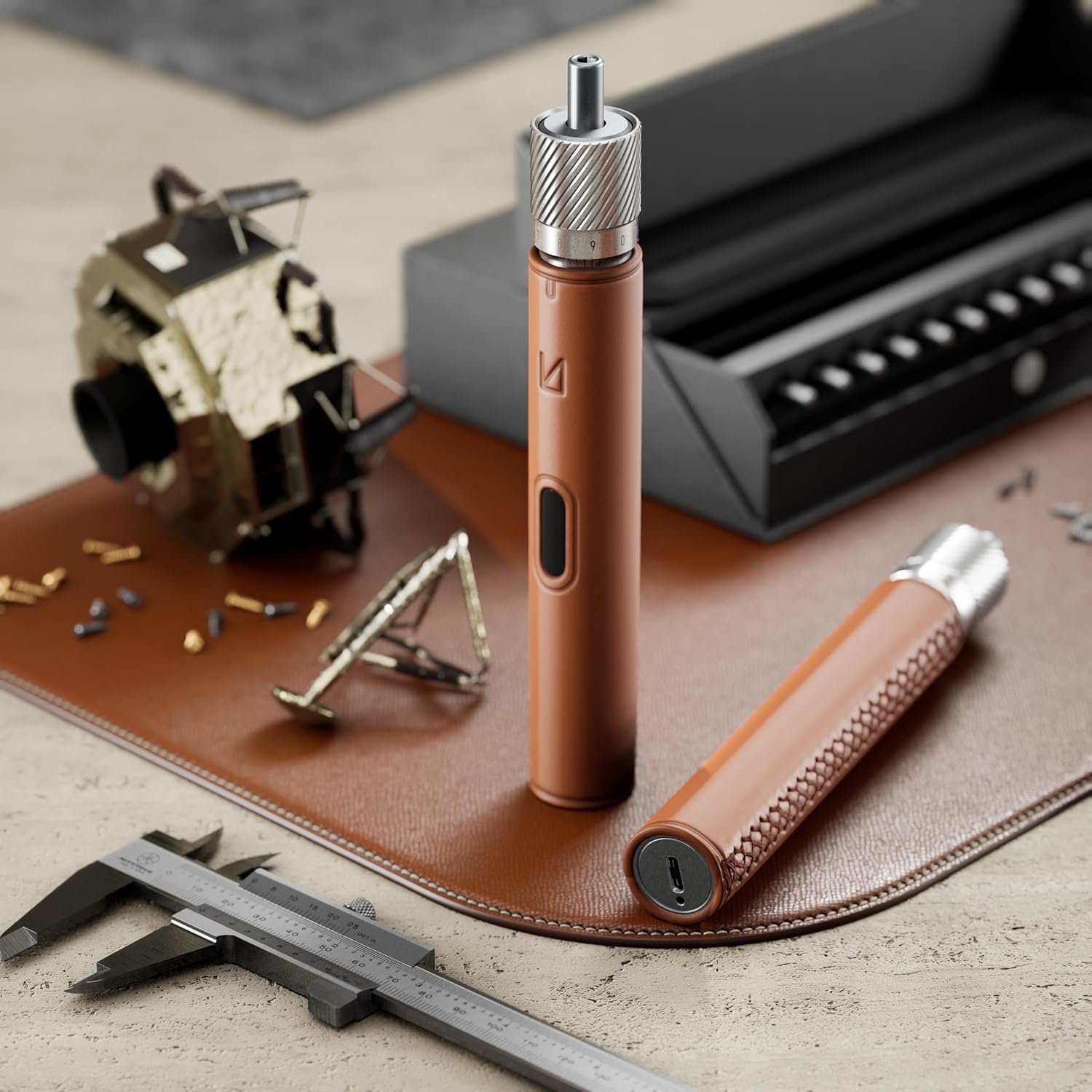 Lunar Artefacts Precision Electric Cordless Rechargeable Brown Leather and CNC Aluminum Screwdriver with 24 Magnetics Bits and Easy Storage Toolbox - Image 3
