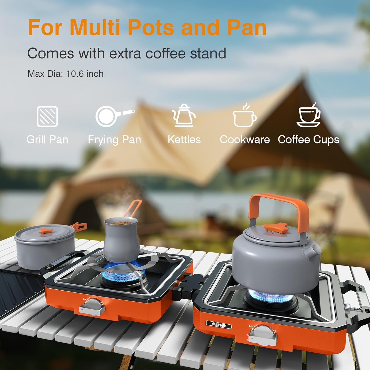 ODSD 2 Burner Camping Stove with Windshield, 20000 BTU Propane Camp Stove, Portable Folding Gas Stove, Camping Essentials Gear Includes Frying Pan, Coffee Stand & Carry Bag, Orange - Image 5