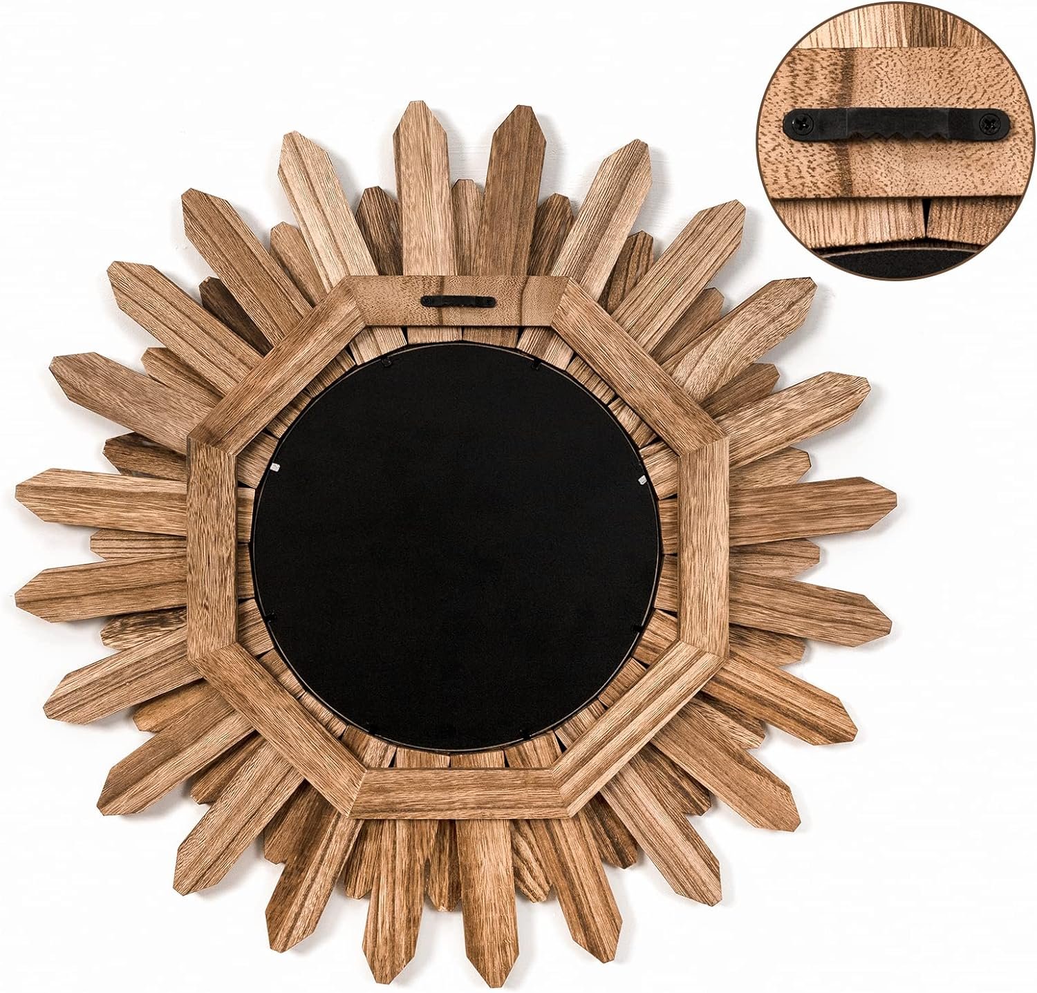 Honiway Mirror Wall Decor 21 inch Rustic Wood Boho Aesthetic Mirror for Room & Home Decor Farmhouse Wall Decor at Living Room Bedroom Carbonized Black - Image 7