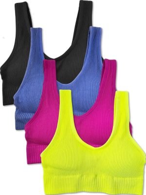 Kalon Women’s 4 Pack Ribbed Bralette Crop Top Comfort Sports Bra