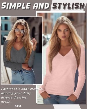 Neer 5 Pack Women’s Long Sleeve Shirts, V Neck Tops Loose Fit Basic Tees Solid Trend...