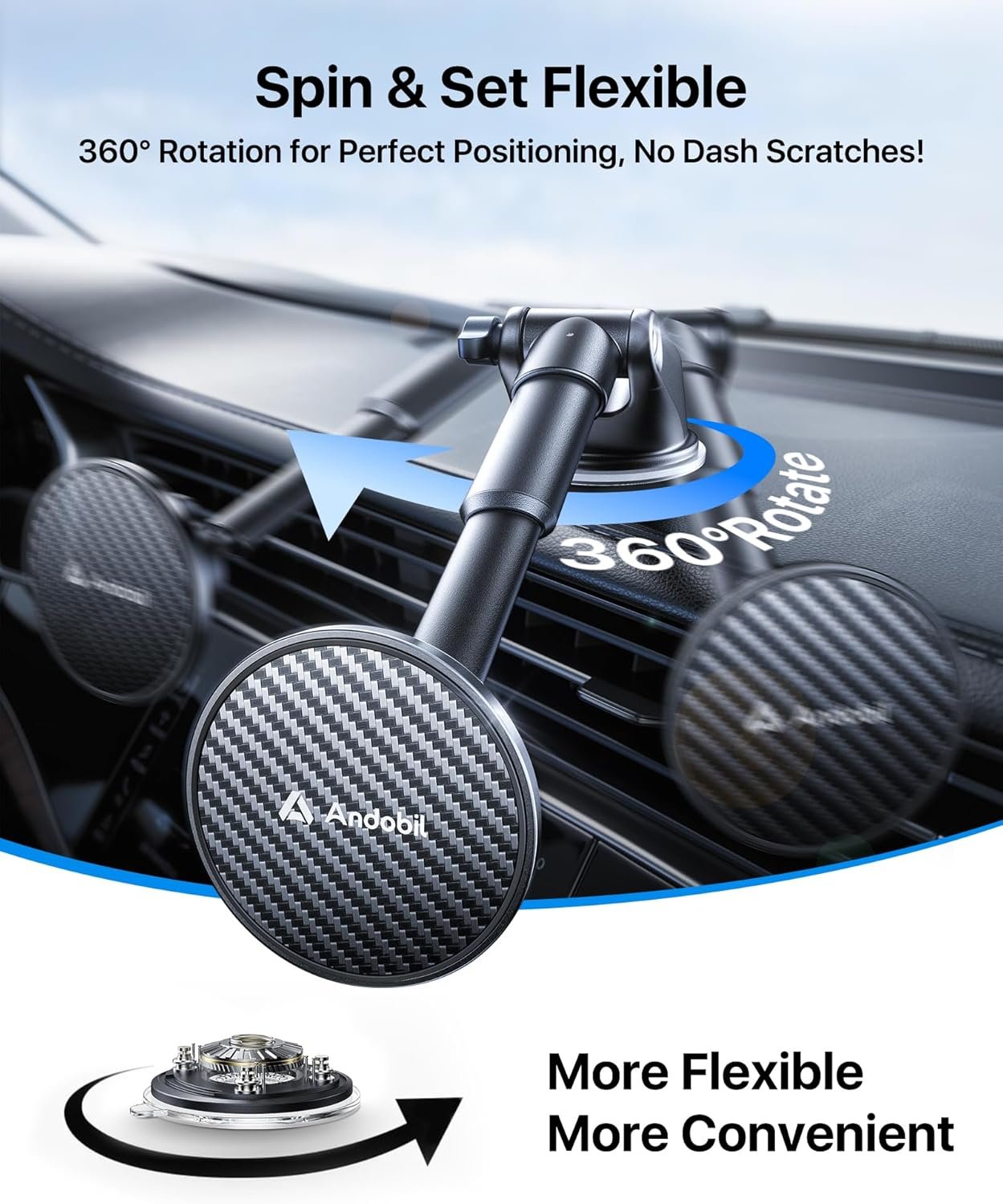 【True Military-Grade】andobil 3 in1 Magnetic Phone Holder for Car Dashboard Windshield Vent 【Upgrade Suction & Strongest Magnet】Retractable for MagSafe Car Mount for iPhone 17 16 15 14 Pro Max Sumsung - Image 6