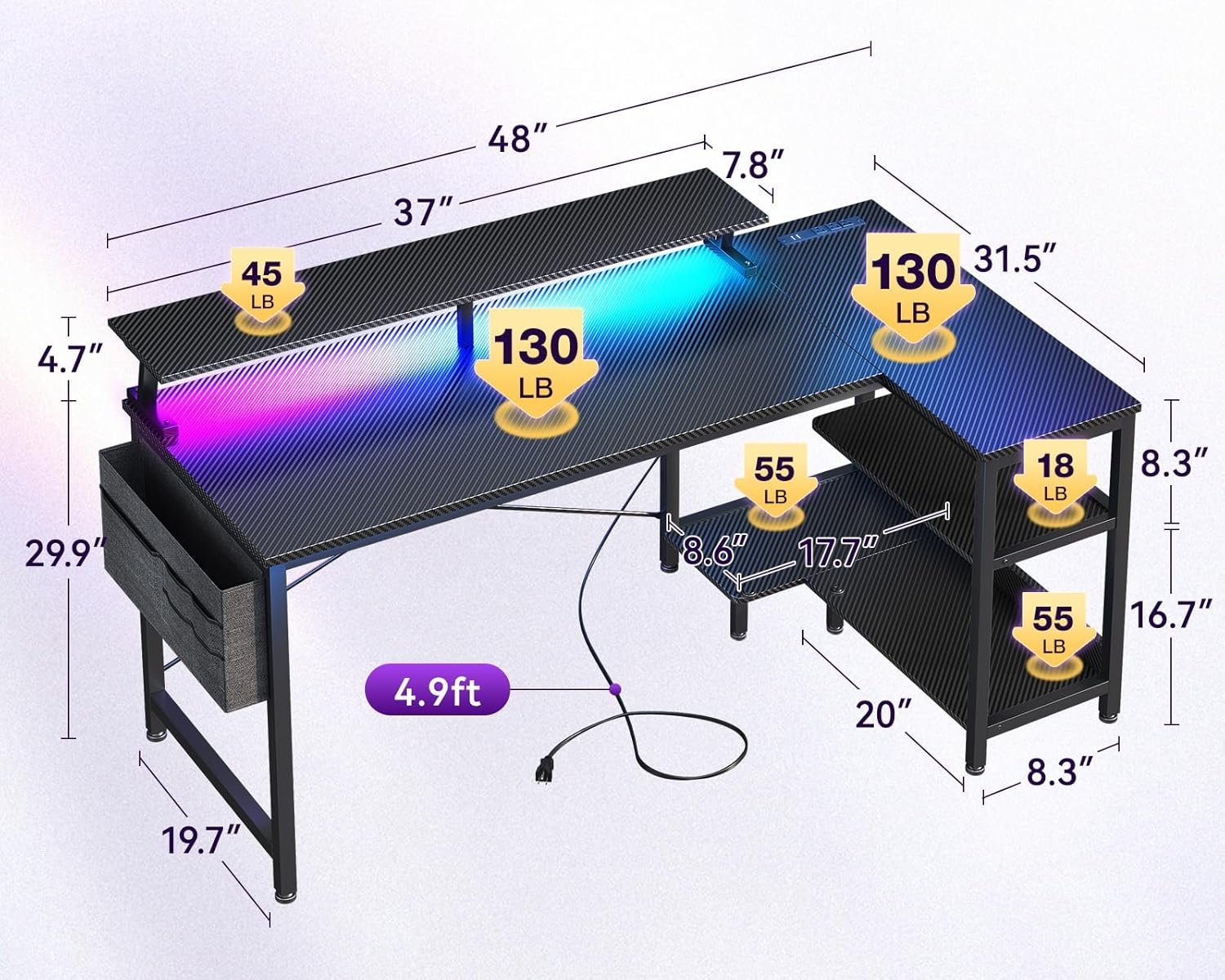 ODK 48 Inch Gaming Desk with USB Charging Ports and LED Lights, Reversible L Shaped Computer Desk with Storage Shelves & Monitor Stand, Corner Gamer Desk Table with Power Outlets, Black - Image 3