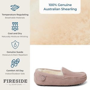 Fireside By Dearfoams Women’s Mel Moccasin Shearing Slipper, Memory Foam Suede Loafer, Indoor/Outdoor Slip-in House Shoes