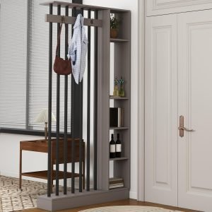 Wall Room Divider with Storage Shelves & Coat Hooks, 39″ x 79″ Modern Freestanding Partition Display with Open Shelf, Entryway Hall Tree Divider Bookcase for Living Room