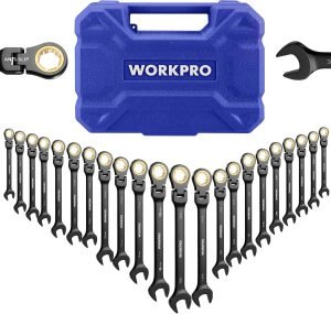 WORKPRO 22-piece Ratcheting Wrench Set with 180° Flex Head, Anti-Slip Tooth, Combination Wrench Sets with Organizer Box, Metric 6-18mm & SAE 1/4-3/4″, Black Electrophoretic Coating