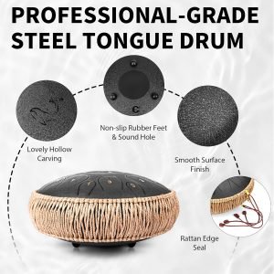Steel Tongue Drum, 12 Inch 15 Note Tongue Drums, C Key Steel Percussion Instrument for Kid’s Adults, Handpan Drum with Drum Mallet, Music Book and Carry Bag (Black)