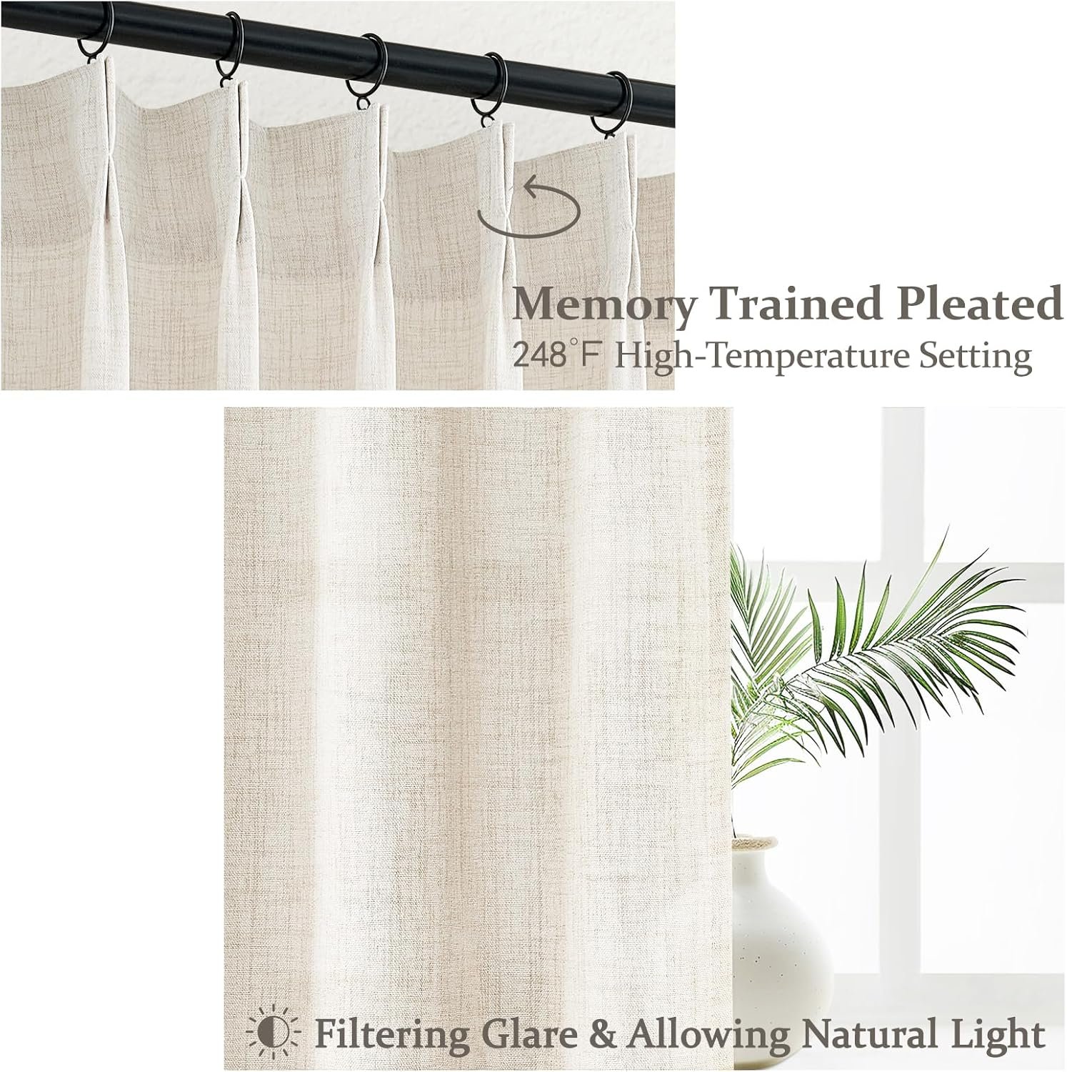 86 Inch Curtains 2 Panels Set, Elegant Farmhouse Cream Beige Thick Linen Light Filtering Sunroom Semi Sheer Curtains Back Tab for Bedroom Decor (40" W x 86" L Pinch Pleated Hooks&Rings) - Image 3