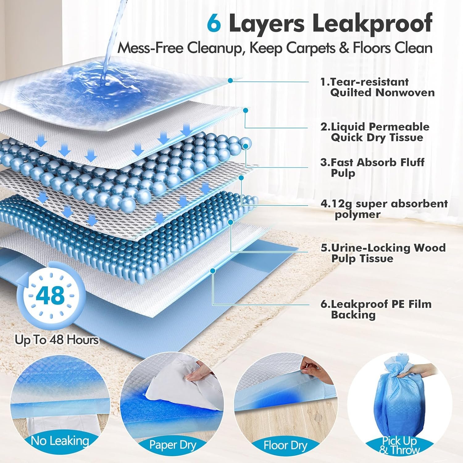 Gimars 4XL 36x36 Dog Pee Pads Extra Large - 200 Counts, Thicken Extra Absorbent Pet Training Puppy Pee Pads, Quick Dry Leak Proof Jumbo Disposable Polymer Wee Wee Pads for Dogs Cats Rabbits Pets - Image 5