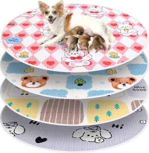 4 Pack 48″ Round Washable Whelping Pads for Dogs,Waterproof Pet Pee Pads, Reusable Round Whelping Pad Absorbent Puppy Pads Training Dog Pad Whelping Box Supplies for Dogs (48″, Round)
