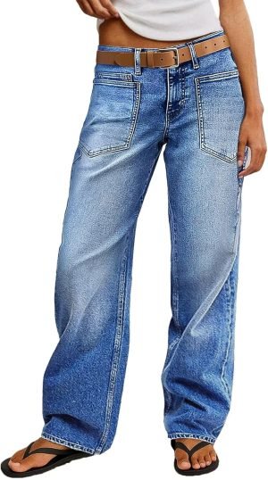 Flamingals Straight Leg Jeans for Women Trendy Mid Rise Stretchy Patch Pocket Baggy Jeans Casual Without Belt