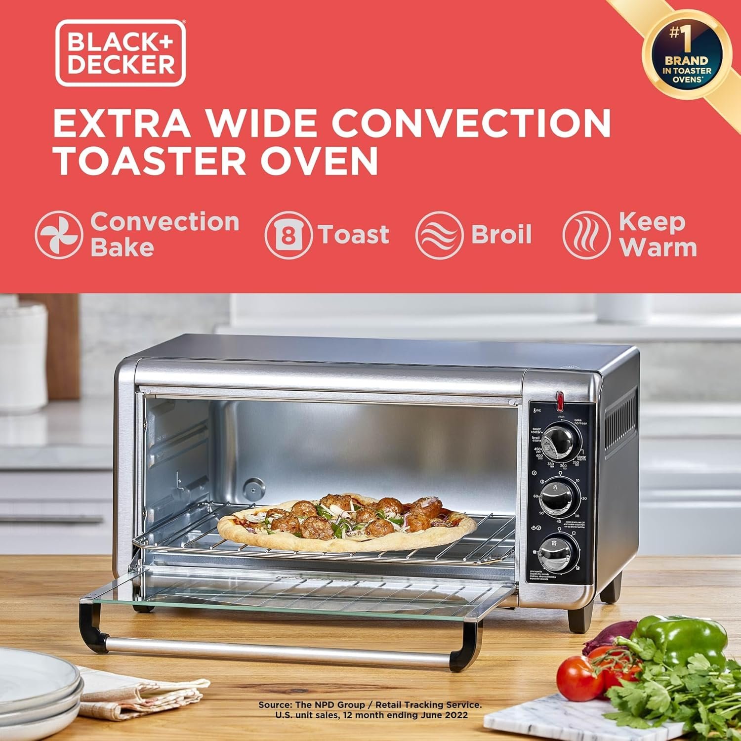 BLACK+DECKER 8-Slice Extra Wide Convection Toaster Oven, Fits 9"x13" Oven Pans and 12" Pizza, Bake, Toast, Broil, and Keep Warm Functions, Countertop Compact Design with Stainless Steel Finish - Image 2