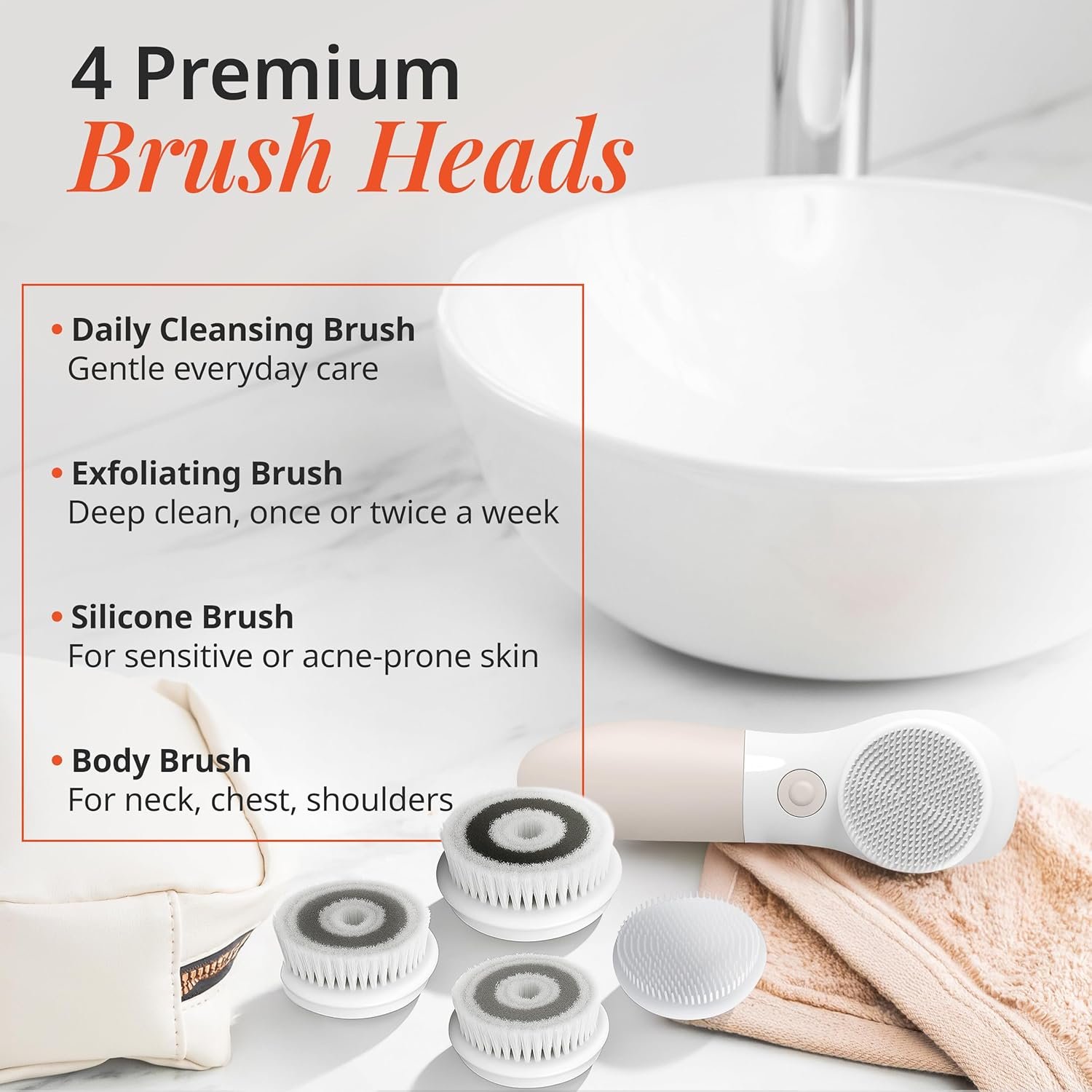 Raedia Handheld Facial Cleansing Brush with 4 Interchangeable Brush Heads by Vanity Planet - Lightweight Daily Cleansing Brush for Glowing Skin - Water Resistant Face Exfoliator - Warm Grey - Image 4