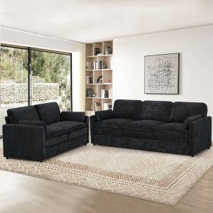 2 Pieces Chenille Sofa Set w/Throw Pillows, Upholstered Loveseat & 3 Seater Sofa w/Comfortable Back Cushions, Modern 2-Seat & 3-Seat w/High-Density Foam for Living Room, Apartment, Black