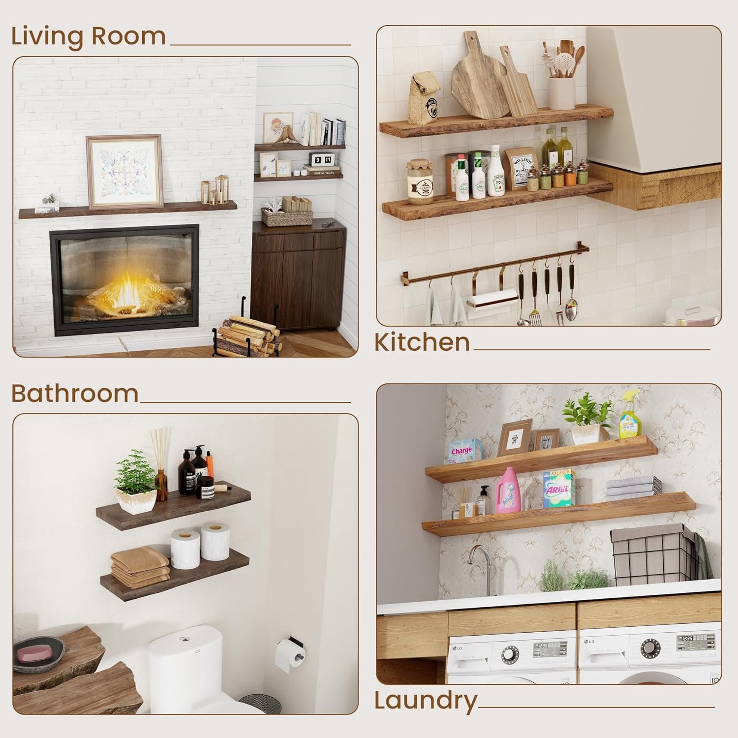 Floating Shelves for Wall Decor, Rustic Solid Elm Wood Live Edge Floating Shelves Wall Mounted, Wall Shelves with Invisible Bracket for Living Room Bathroom Bedroom Kitchen, 24 Inch Set of 2, Natural - Image 7