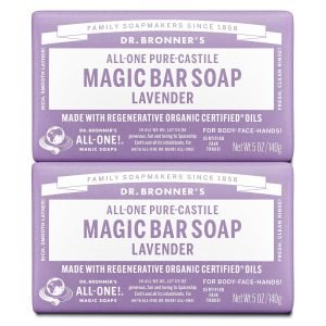 Dr. Bronner’s Pure-Castile Magic Bar Soap (Lavender, 5 Ounce, 12-Pack) – Made with Regenerative Organic Certified Oils, For Face, Body & Hair, Gentle & Moisturizing, Biodegradable, Vegan, Cruelty-free