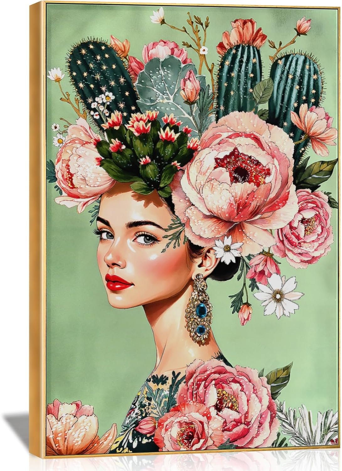 YPGEAME Large Handmade Portrait Wall Picture Woman with Cactus Headdress, Emerald Green Background, Floral Bohemian Decoration, Wooden Framed Painting for Living Room (80 × 120 cm) (Pink)