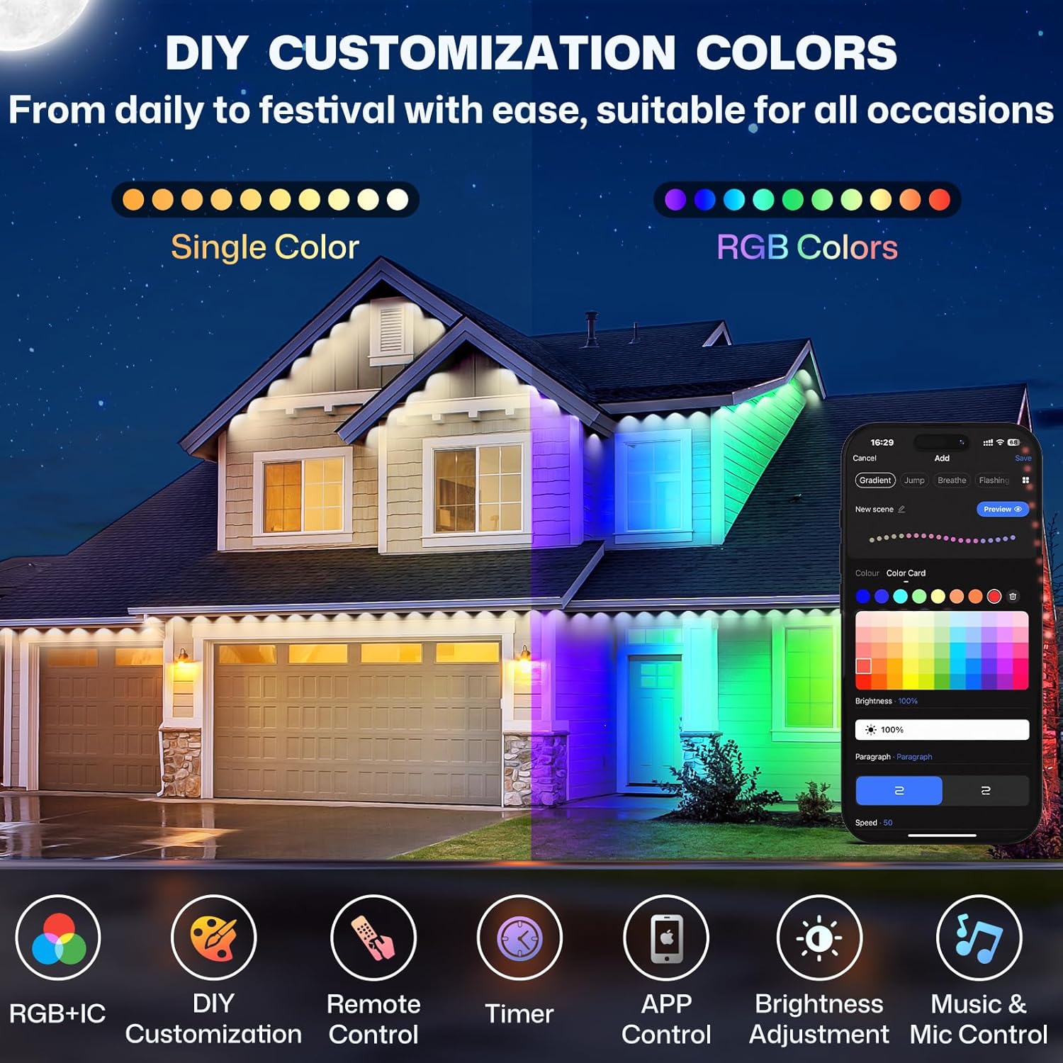 Permanent Outdoor Lights, 100ft Smart Eave Lights with 72 LED Lights, IP67 Waterproof, App Control, Outdoor String Lights, DIY RGB+IC Outdoors Light for House Christmas Decorations, White - Image 3