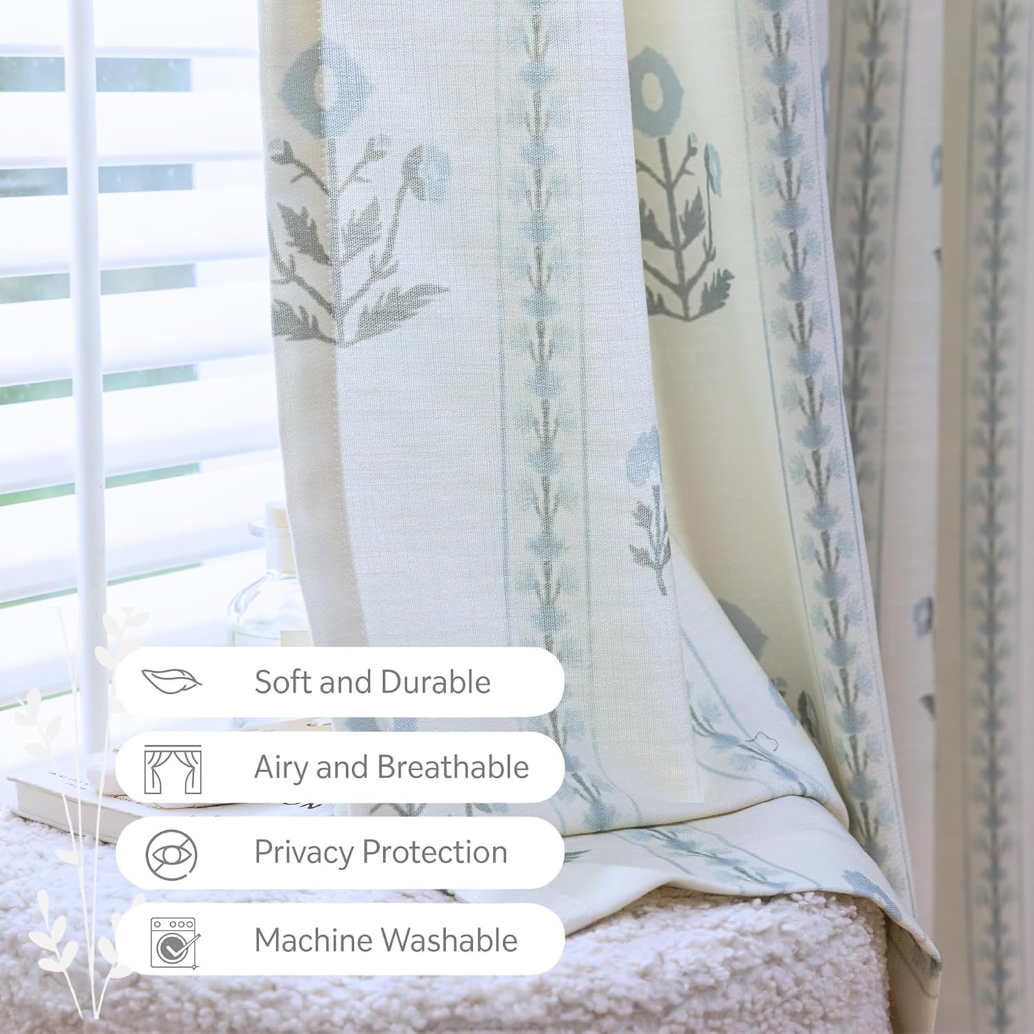 Linen Blend Pinch Pleated Curtains for Living Room, Bedroom, Dining Room - Light Filtering Curtains 2 Panels Set - Luxury and Modern Floral Printed Design - Antique White, 30" W x 84" L - Image 5