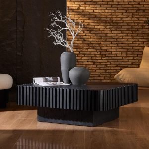KEIKI 35″ Handcraft Drum Square Wooden Coffee Table with Sturdy MDF Pedestal, Modern Style Solid Wood Relief Coffee Table, Easy Assembly, for Living Room, Bedroom, Reception Room, Black