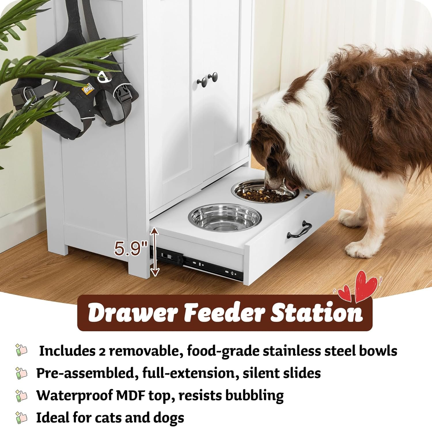 ALINE FURNITURE Dog Feeding Station with Storage Cabinet and 2 Elevated Dog Bowls, Hidden Pet Feeder Station Wood, Dog & Cat Storage Organizer, White - Image 2