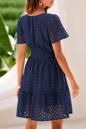 PRETTYGARDEN Womens 2025 Summer Short Dress V Neck Short Sleeve A Line Hollow Out Lace Ruf...