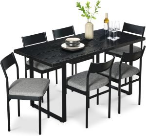 Best Choice Products 7-Piece Modern Dining Room Set, Kitchen Table Set, Dining Table w/ 6 Chairs, Upholstered Cushions, Solid Metal Frame, Curved Backrest – Black/Gray