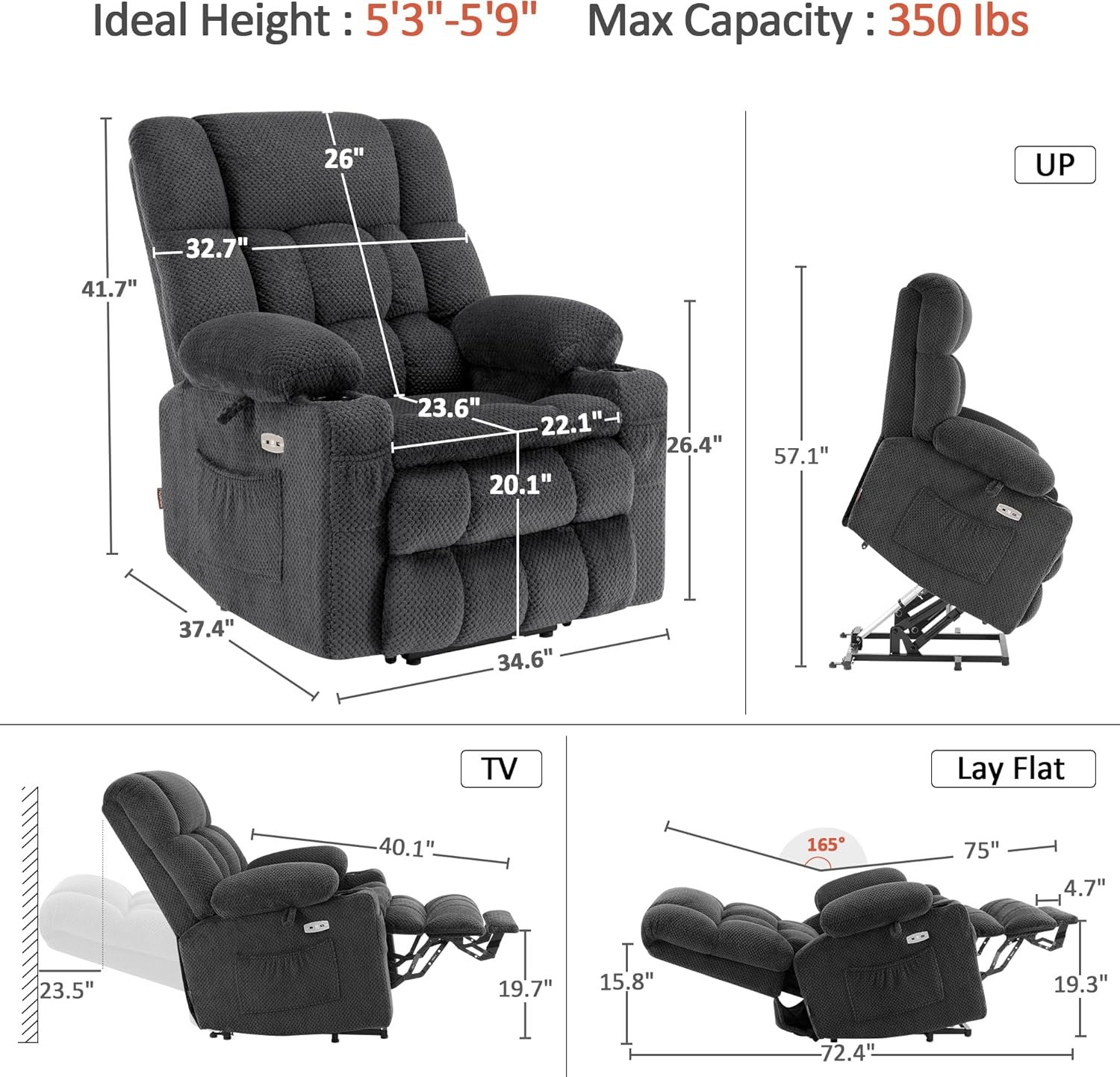 MCombo Dual Motor Power Lift Recliner Chair with Massage and Heat for Elderly People, Infinite Position, USB Ports, Cup Holders, Fabric 7890 (Medium, Dark Gray) - Image 3