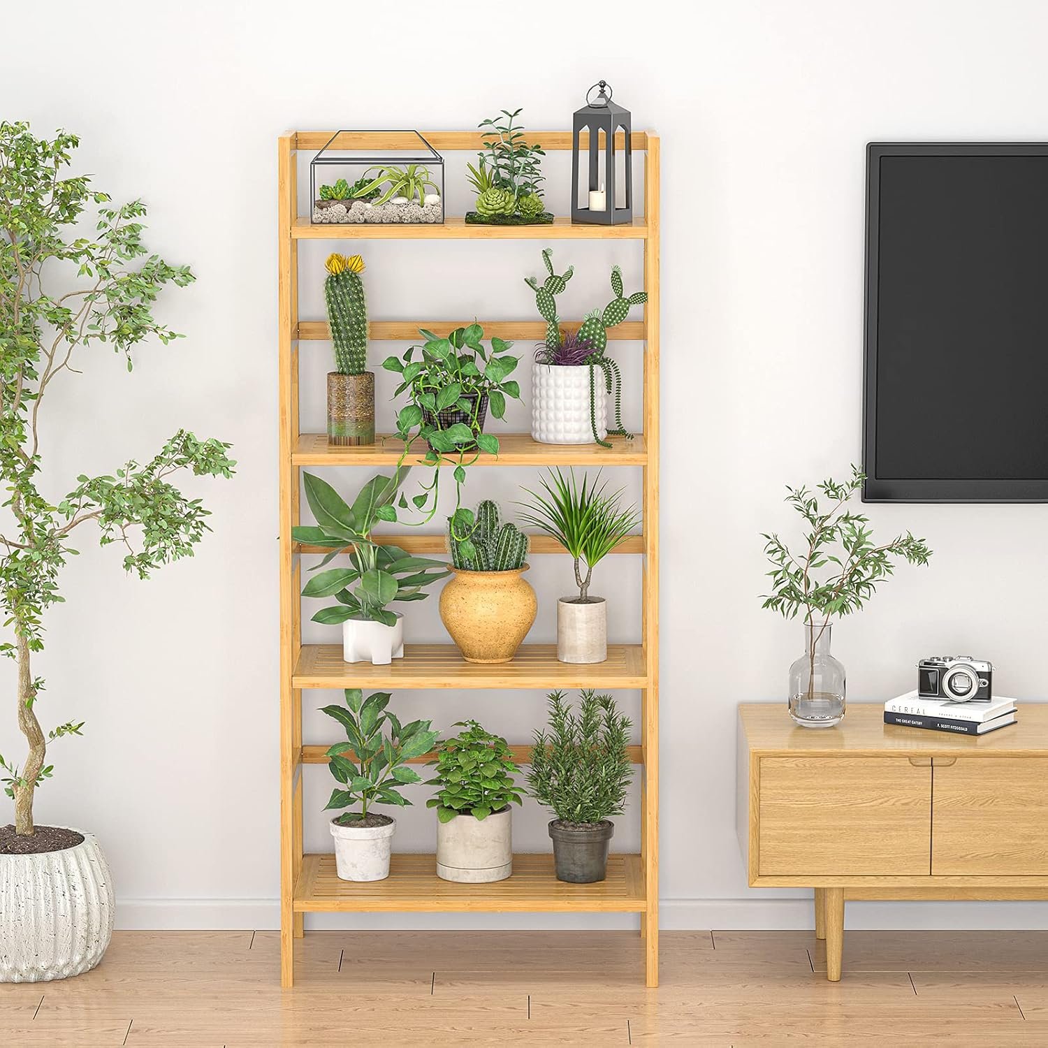 Homykic Bamboo Bookshelf 4-Tier Ladder Shelf, 49.2” Freestanding Open Bookcase Book Shelf Bathroom Storage Shelf Unit Plant Stand for Small Space, Bedroom, Living Room, Home Office, Natural - Image 5