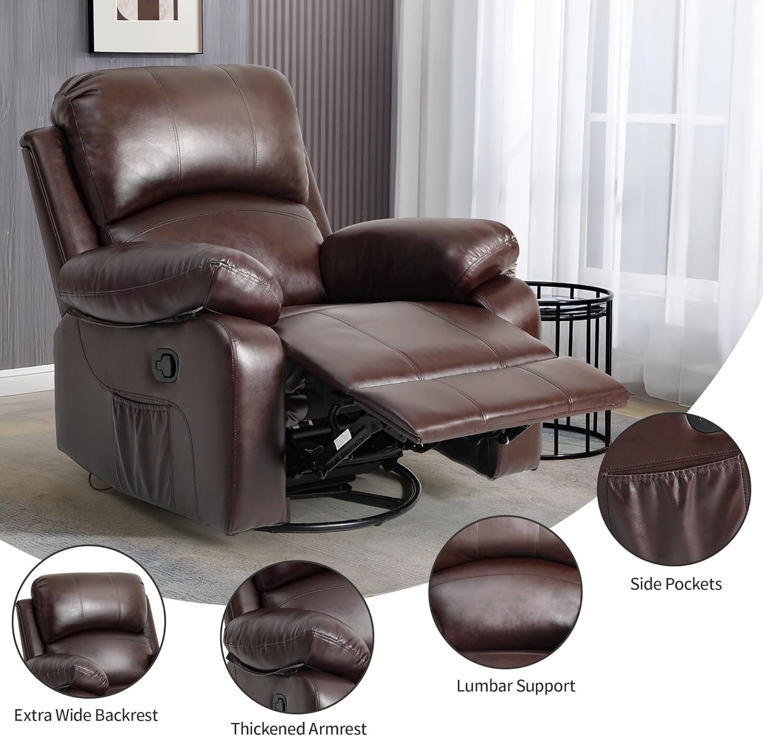 YITAHOME Recliner Chair, Big and Tall Rocking Chair for Adults,Swivel Recliner with Cup Holders,Heat and Massage,Single Sofa Seat with Side Pockets for Living Room/Bedroom,Brown - Image 6