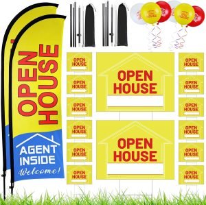 Buryeah 106 Pcs Real Estate Agent Supplies Accessories, 2 Open House Banner Flag with Pole Kit, 14 Yard Lawn Ground Sale Directional Arrows Signs with Stakes Double Sided and 90 Balloons (Yellow)