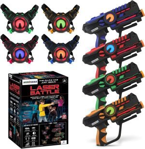 ArmoGear Set of 4 Laser Tag Guns with Vests – Laser Tag Set for Kids and Adults – Toy Guns with 150 ft Range, Night Vision, Invisibility Mode – Battery Operated – Multiplayer Outdoor Game for Ages 8+