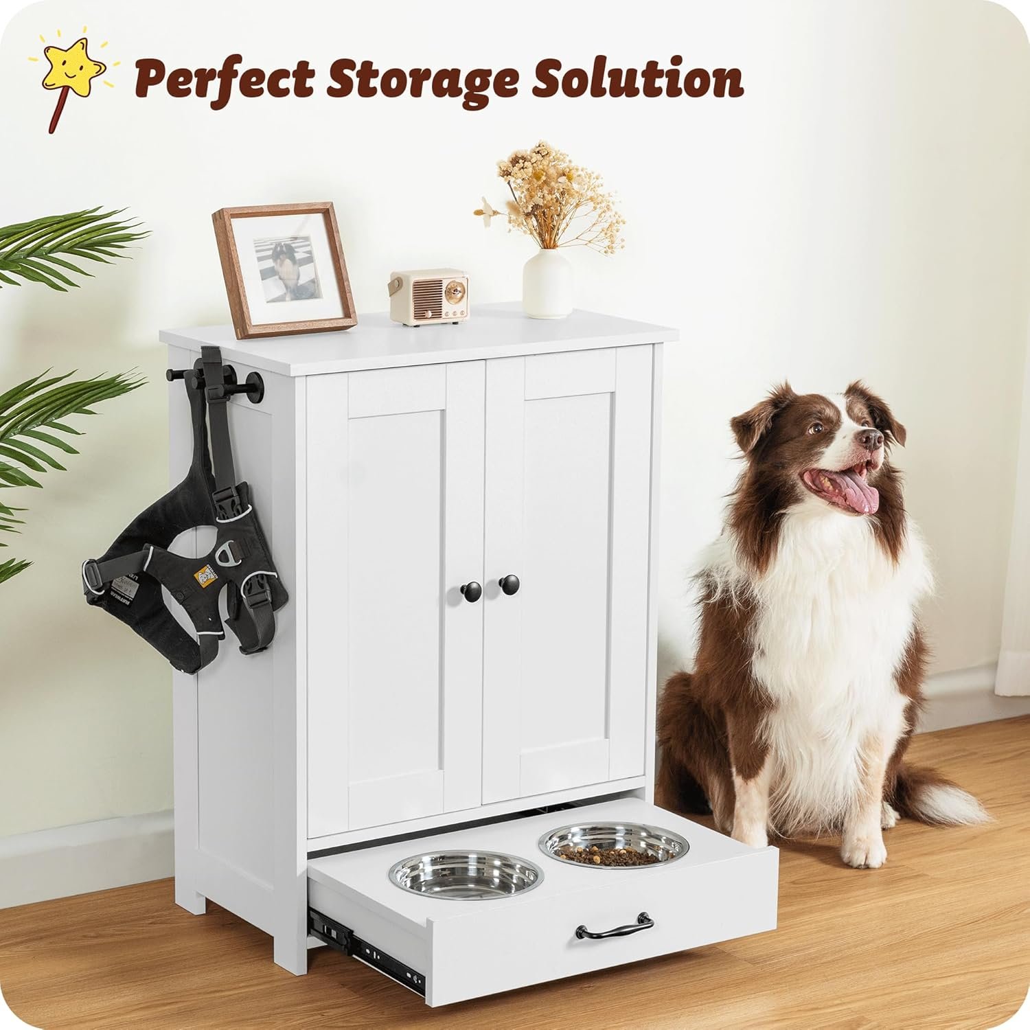 ALINE FURNITURE Dog Feeding Station with Storage Cabinet and 2 Elevated Dog Bowls, Hidden Pet Feeder Station Wood, Dog & Cat Storage Organizer, White - Image 3