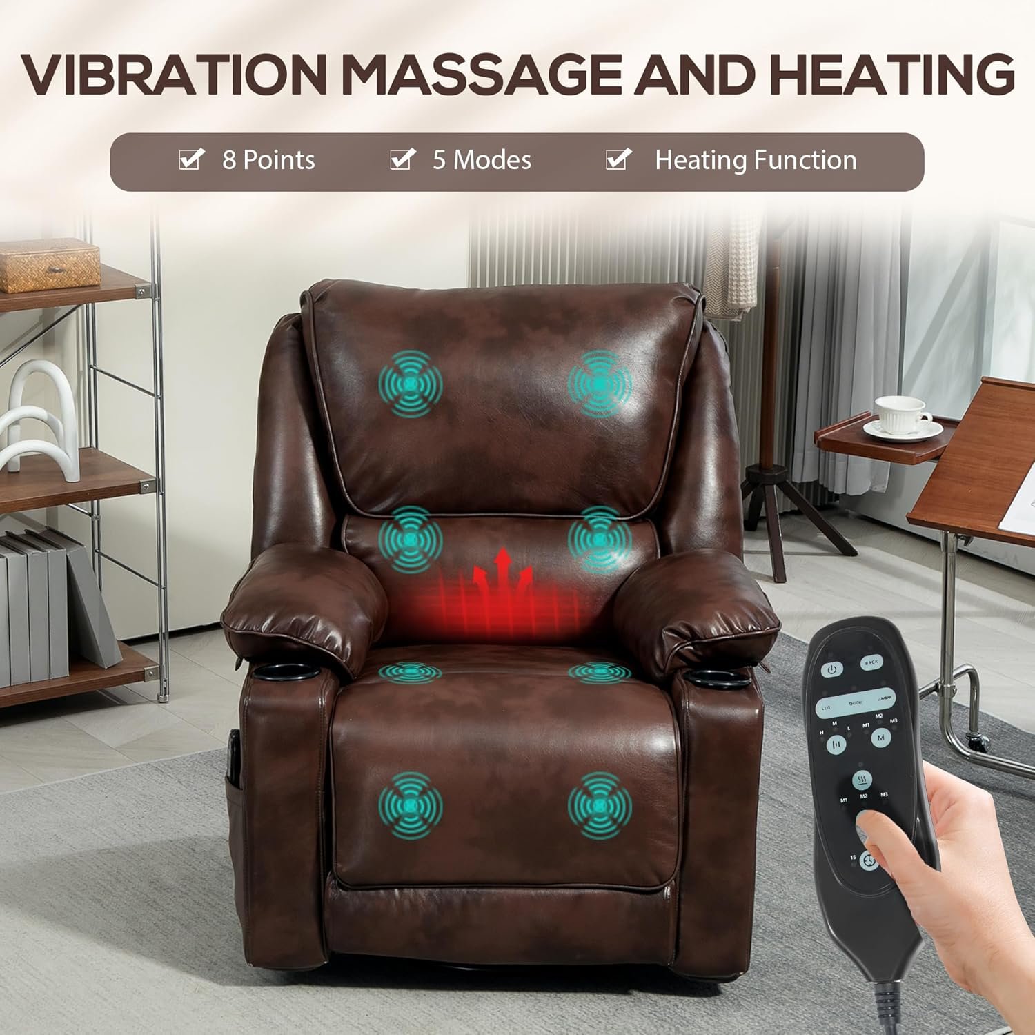 HOMCOM Swivel Rocker Recliner Chair with Vibration Massage and Heat, Oversized PU Leather Ergonomic Lounge Chair with Footrest, Remote, Cup Holders and Side Pockets for Living Room, Brown - Image 4