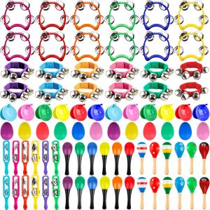 84 Pcs Shaker Musical Instruments Set including 12 Plastic Handheld Tambourine Bells 12 Colorful Cymbal 12 Egg Shaker 24 Maracas 12 Wrist Bells with 12 Castanets for Preschool Early Music Learning Toy