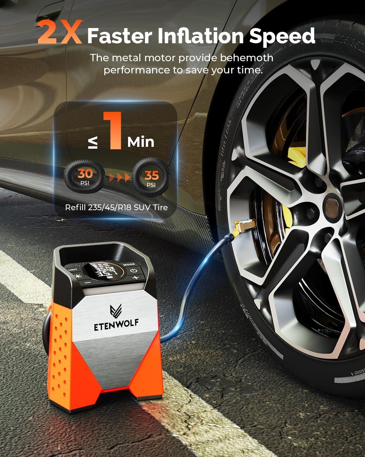 ETENWOLF ZEPHYR S3 Tire Inflator Portable Air Compressor, 1 Min Fast Inflation and 100% Duty Cycle, 160 PSI Air Pump for Cars, SUVs, Bikes, Balls (Vivid Orange) - Image 2