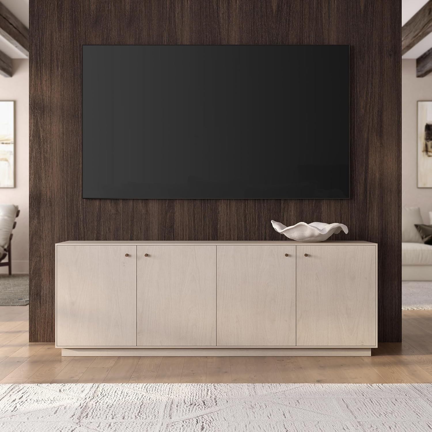Henn&Hart TV Stand for TVs up to 75'' with 2 Concealed Storage Cabinets, Adjustable Shelves, Plinth Base and Cable Management Cut-Outs for Living Room, Family Room, or Office, Alder White