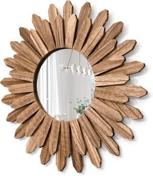 Honiway Mirror Wall Decor 21 inch Rustic Wood Boho Aesthetic Mirror for Room & Home Decor Farmhouse Wall Decor at Living Room Bedroom Carbonized Black