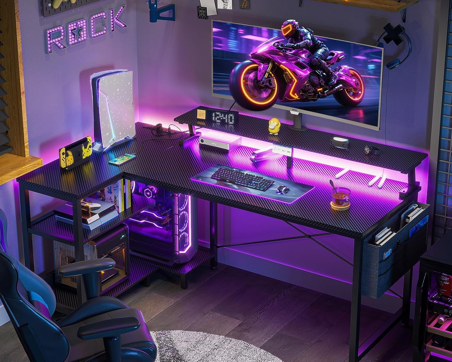 ODK 48 Inch Gaming Desk with USB Charging Ports and LED Lights, Reversible L Shaped Computer Desk with Storage Shelves & Monitor Stand, Corner Gamer Desk Table with Power Outlets, Black - Image 2