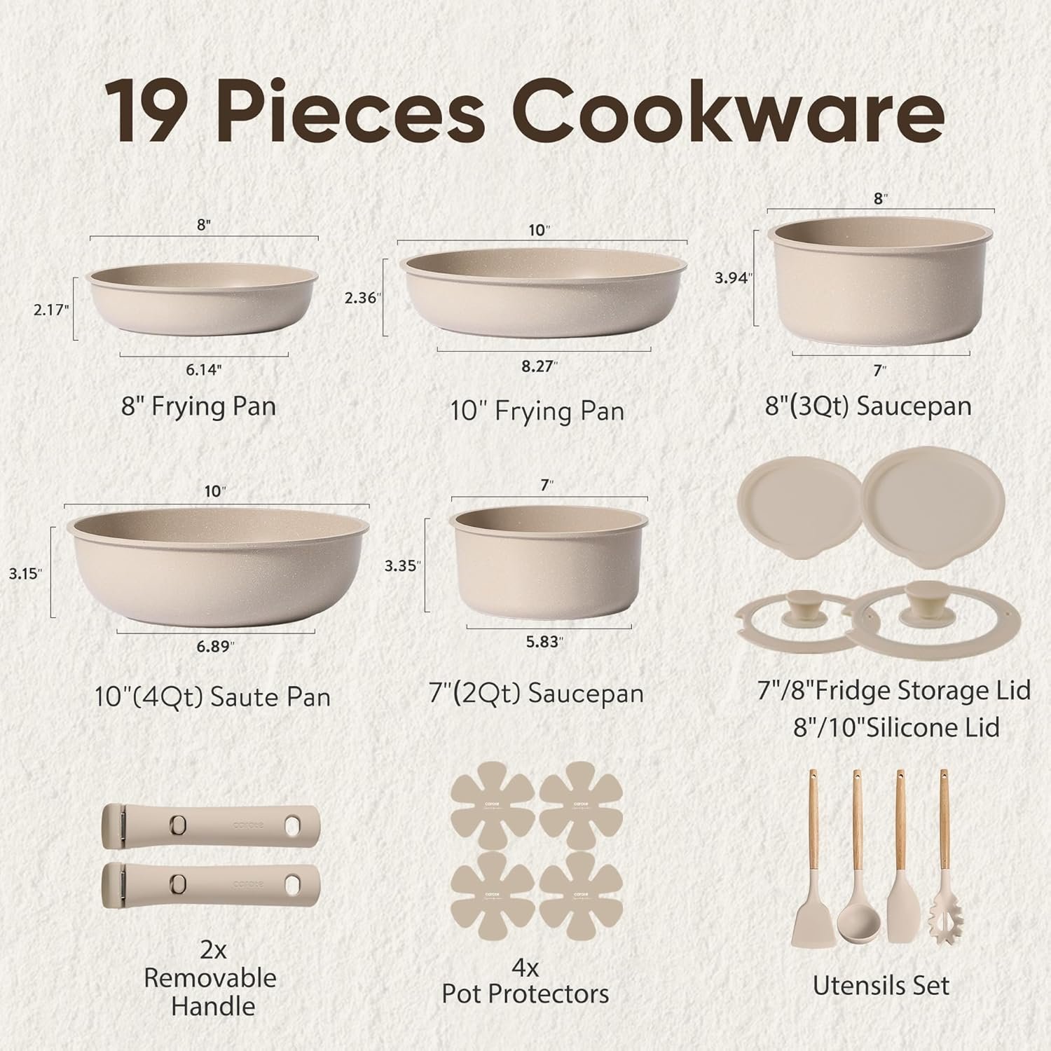 CAROTE 19pcs Pots and Pans Set Non Stick, Nonstick Cookware Set Detachable Handle, Induction Kitchen Cooking Sets with Removable Handle, RV Kitchen, Oven Safe, Taupe - Image 2