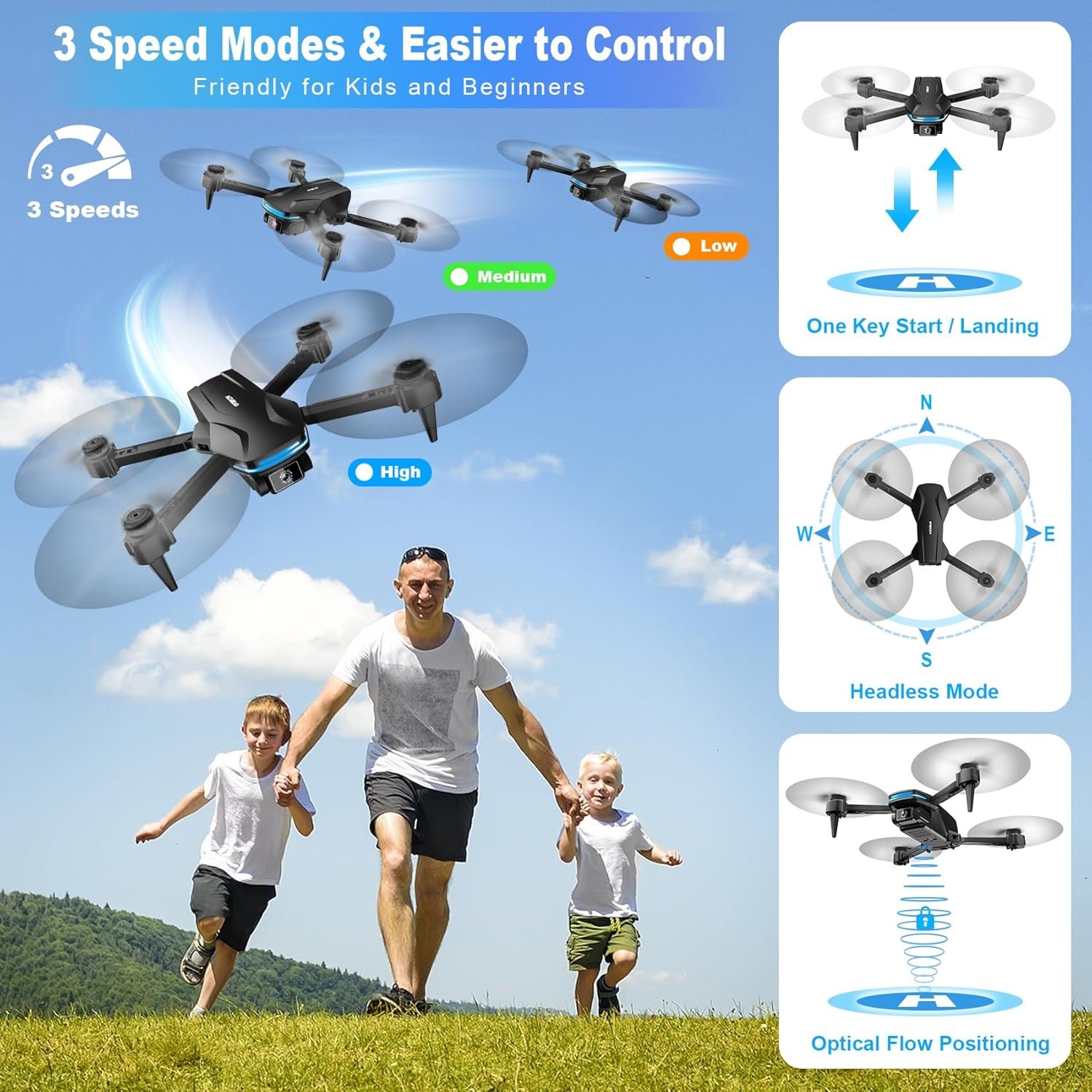 Drone with Camera 1080P HD FPV Foldable Drone for Beginners and Kids, Quadcopter with Voice Gesture Control with Carrying Case, One Key Take Off/Land, Optical Flow Positioning, 360° Flip, Waypoint Fly - Image 3