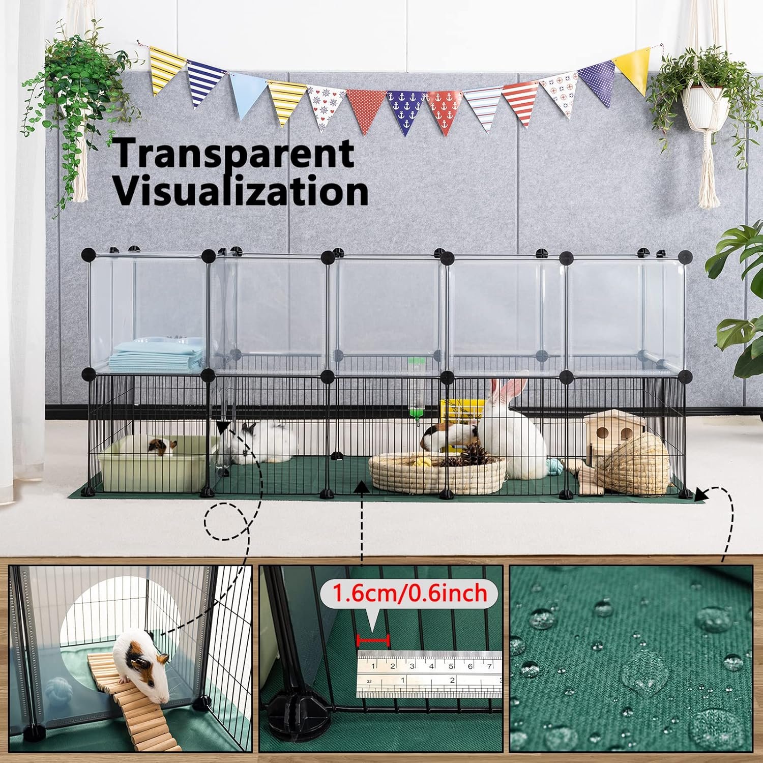 DINMO Small Animal Playpen with Oxford Mat, 24 inches Height, Pet Exercise Fence, Home Protector, Iron Mesh and Plastic Combination, Visualization, DIY, Games Hole Series, 60.2 x 24.8 x 24.8inch - Image 4